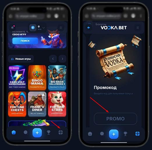 Применение промокода в Vodka Casino